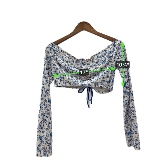 Coquette Blue Toile Ruched Drawstring Crop‎ Top Milkmaid Corset Long sleeve - Picture 2 of 9